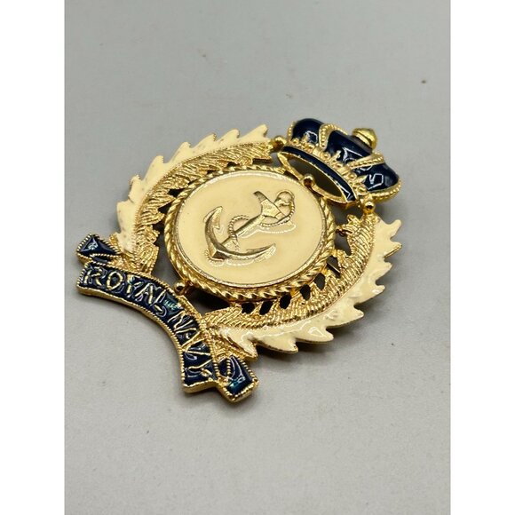 Vintage Royal Navy Enamel Pin Crown Brooch Badge Signed CRAFT Gold Tone 2.5" - Picture 4 of 8